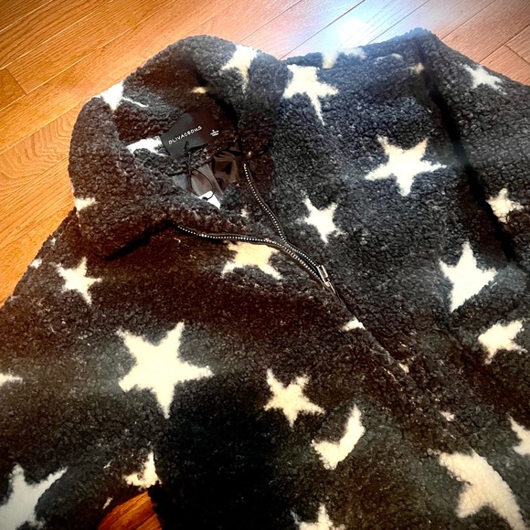 New NWT Vici teddy faux Sherpa black and white stars zippered jacket w/collar S - Picture 6 of 13